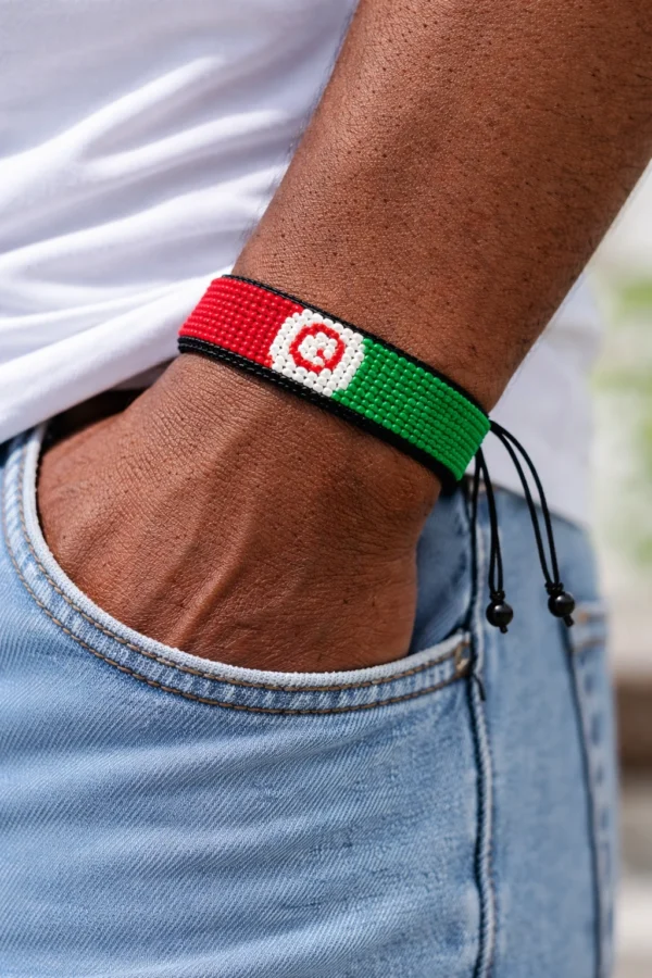 Model wearing a handcrafted Afghanistan flag bracelet made with red, black, and green beads, adjustable beaded wrist accessory.