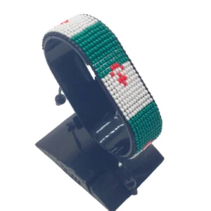 Handcrafted Algeria flag bracelet featuring green and white vertical stripes, made with beaded design, adjustable wrist accessory, displayed on a black stand.