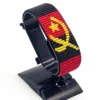 Handcrafted Angola flag bracelet Vertical Stripes made with red, black, and yellow beads, adjustable beaded wrist accessory, displayed on a black stand.