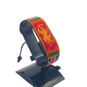 Kenyan Bhutan combo flag bead bracelet with adjustable fit displayed on a stand