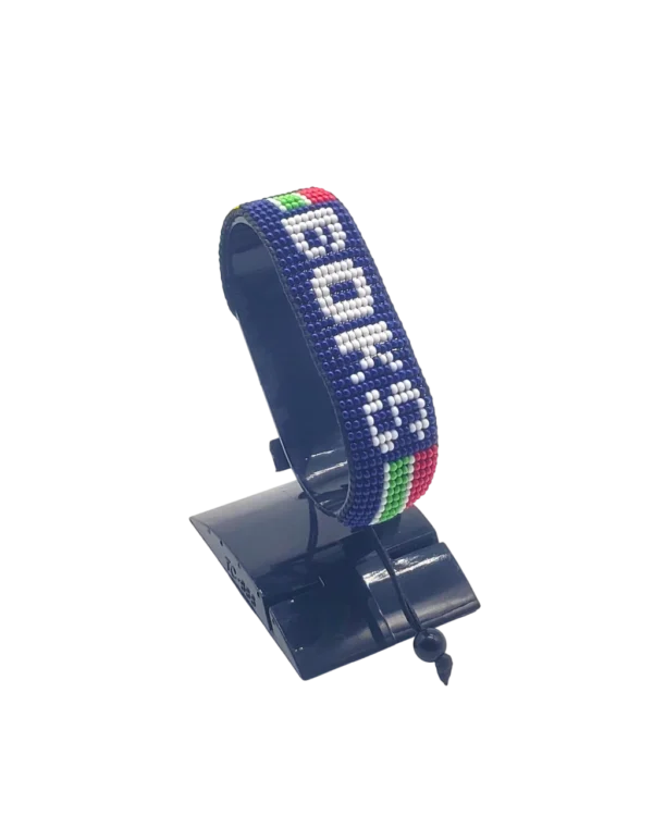 South Africa flag bracelet handcrafted in authentic flag colors on Black Stand.