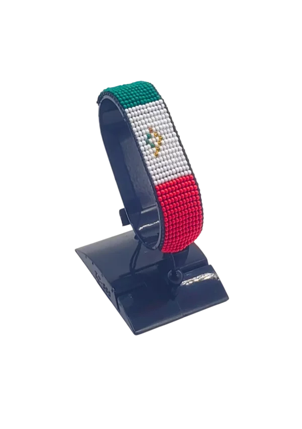 Mexico flag bracelet handcrafted in authentic flag colors on Black Stand.