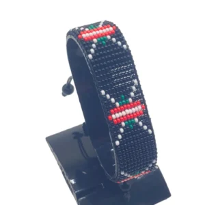 South Sudan flag bracelet handcrafted in authentic flag colors on Black Stand.