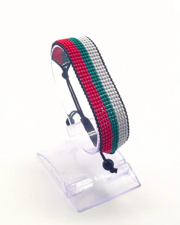 Bulgaria flag bracelet handcrafted in authentic flag colors on Clear Stand.