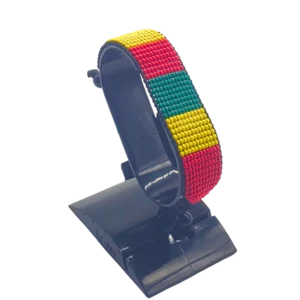 Cameroon flag bracelet handcrafted in authentic flag colors on Black Stand.