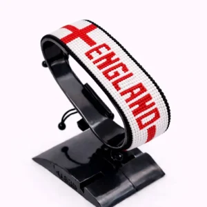 England flag bracelet handcrafted in authentic flag colors on Black Stand.