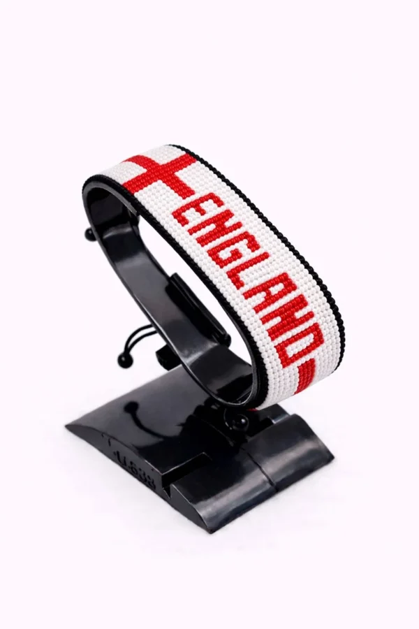 England flag bracelet handcrafted in authentic flag colors on Black Stand.