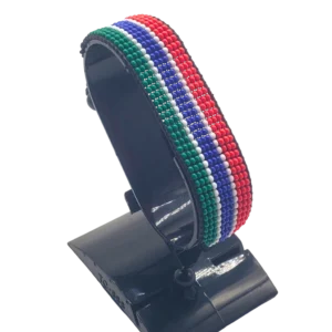 Gambia flag bracelet handcrafted in authentic flag colors on Black Stand.
