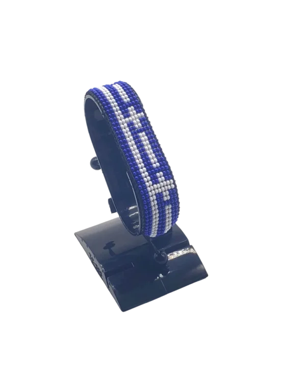 Greece flag bracelet handcrafted in authentic flag colors on Black Stand.