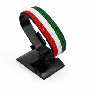 Handcrafted Hungary flag bracelet made with red and white beads, adjustable beaded wrist accessory, displayed on a black stand