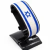 Handcrafted Israel flag bracelet made with red and white beads, adjustable beaded wrist accessory, displayed on a black stand