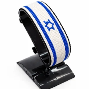 Handcrafted Israel flag bracelet made with red and white beads, adjustable beaded wrist accessory, displayed on a black stand