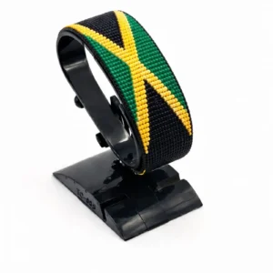 Jamaica flag bracelet handcrafted in authentic flag colors on Black Stand.