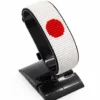 Handcrafted Japan flag bracelet with red and white beads, adjustable beaded wrist accessory, displayed on a black stand.