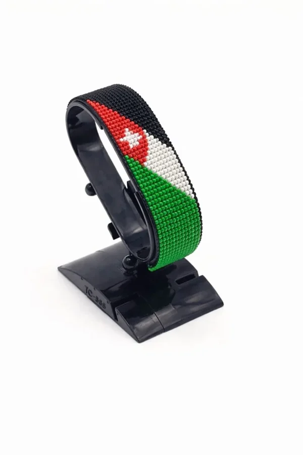 Jordan flag bracelet handcrafted in authentic flag colors on Black Stand.