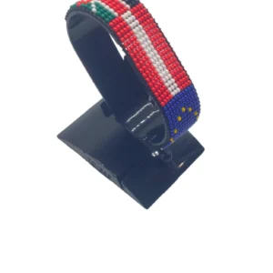 Kenya Euro Austria Flag Bracelet Adjustable made with red and white beads, adjustable beaded wrist accessory, displayed on a black stand.