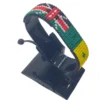 Handcrafted Kenya Senegal flag bracelet made with red and white beads, adjustable beaded wrist accessory, displayed on a black stand