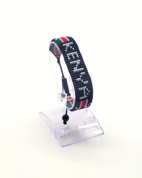 Kenya name flag bead bracelet with adjustable fit displayed on a Clear Stand
