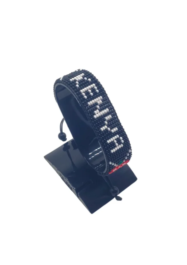 Kenya name flag bead bracelet with adjustable fit displayed on a Black stand