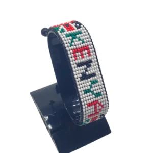 Kenya name flag bead bracelet with adjustable fit displayed on a Black stand
