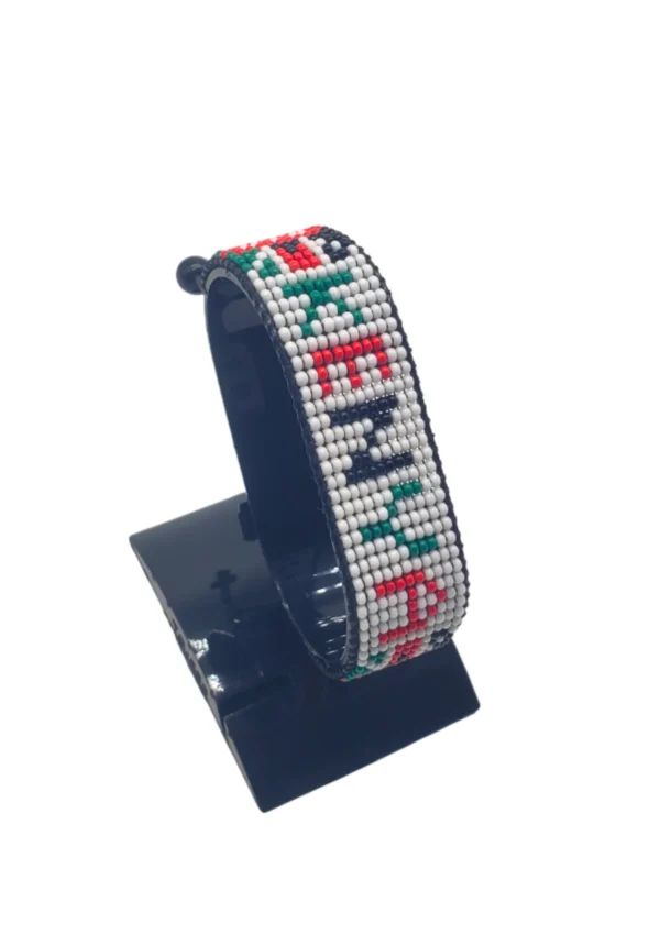 Kenya name flag bead bracelet with adjustable fit displayed on a Black stand
