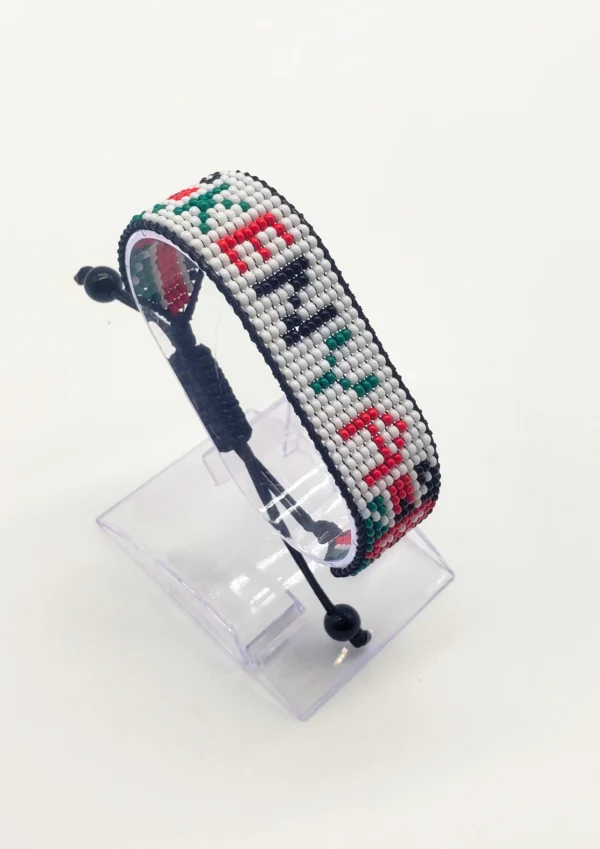 Kenya name flag bead bracelet with adjustable fit displayed on a Clear stand