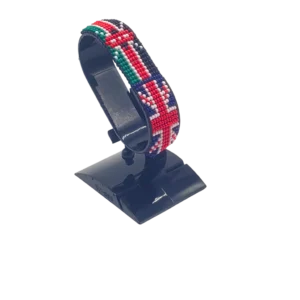 Kenyan UK combo flag bead bracelet with adjustable fit displayed on a stand