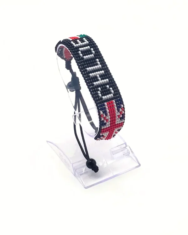 Kenya name flag bead bracelet with adjustable fit displayed on a Clear stand