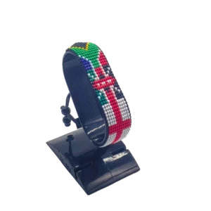 England Kenya South Africa flag bracelet handcrafted in authentic flag colors on Black Stand.