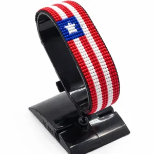 Handcrafted Liberia flag bracelet made with red and white beads, adjustable beaded wrist accessory, displayed on a black stand