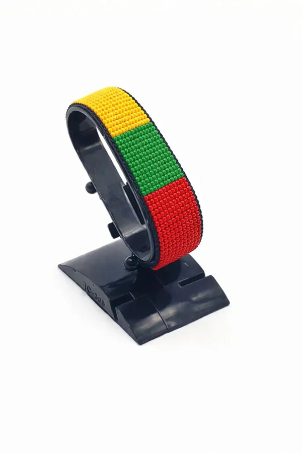 Handcrafted Lithuania flag bracelet made with red and white beads, adjustable beaded wrist accessory, displayed on a black stand