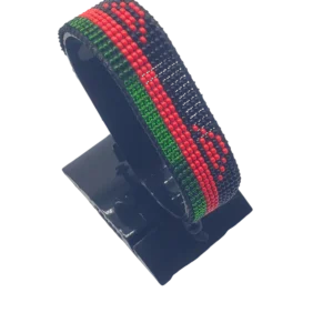 Malawi flag bracelet handcrafted in authentic flag colors on Black Stand.