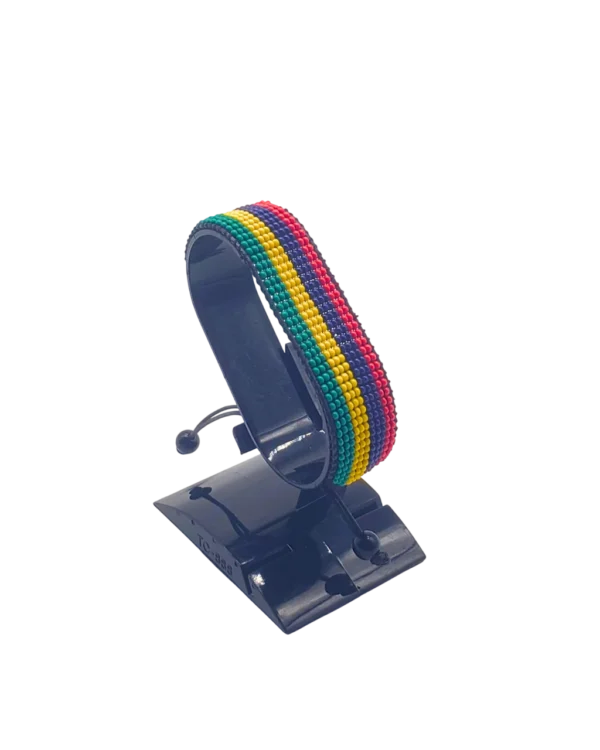 Mauritius flag bracelet handcrafted in authentic flag colors on Black Stand.