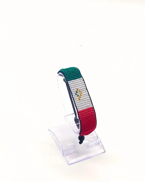 Mexico flag bracelet handcrafted in authentic flag colors on Clear Stand.