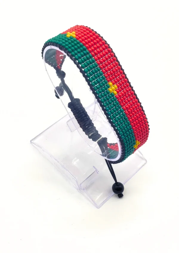 Morocco flag bracelet handcrafted in authentic flag colors on Clear Stand.