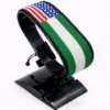 Handcrafted USA Nigeria Combo flag bracelet made with red and white beads, adjustable beaded wrist accessory, displayed on a Clear stand.