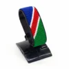 Handcrafted Namibia flag bracelet made with red and white beads, adjustable beaded wrist accessory, displayed on a black stand