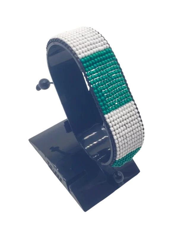 Nigeria flag bracelet handcrafted in authentic flag colors on Black Stand.