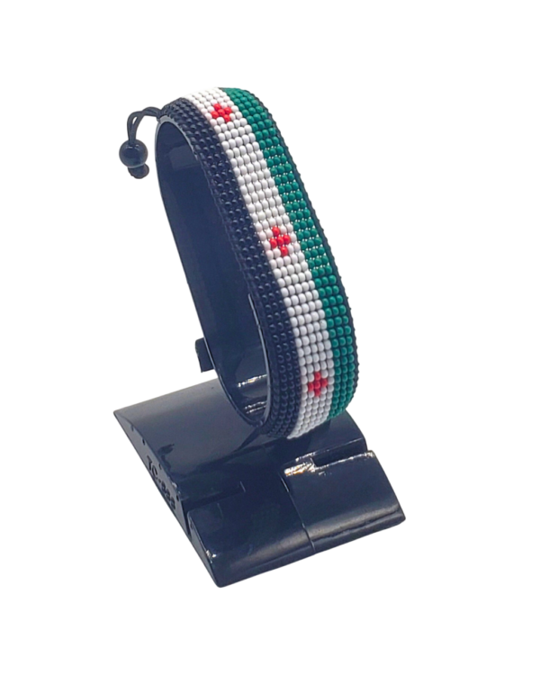 Palestine flag bracelet handcrafted in authentic flag colors on Black Stand.