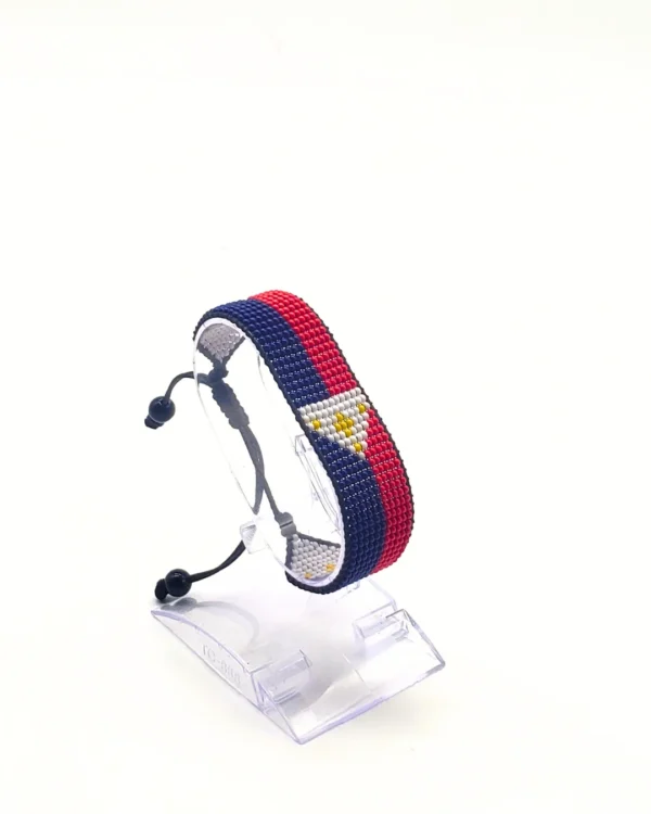 Philippines flag bracelet handcrafted in authentic flag colors on Black Stand.