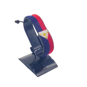 Philippines flag bracelet handcrafted in authentic flag colors on Black Stand.