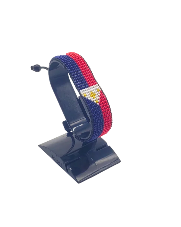 Philippines flag bracelet handcrafted in authentic flag colors on Black Stand.