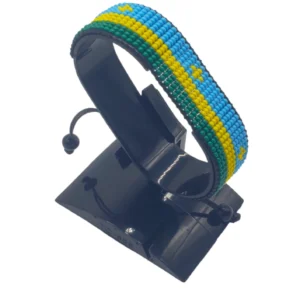 Rwanda flag bracelet handcrafted in authentic flag colors on Black Stand.