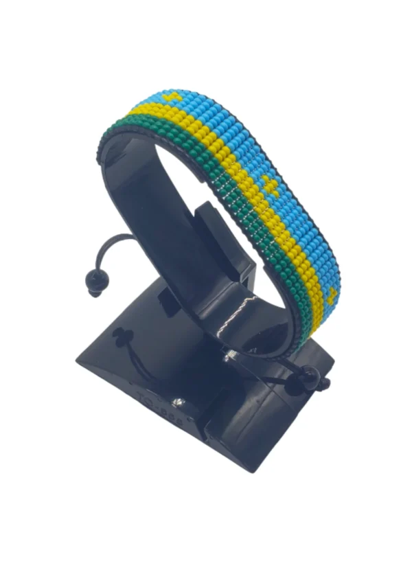 Rwanda flag bracelet handcrafted in authentic flag colors on Black Stand.