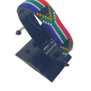 South Africa flag bracelet handcrafted in authentic flag colors on Black Stand.