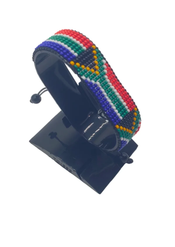 South Africa flag bracelet handcrafted in authentic flag colors on Black Stand.