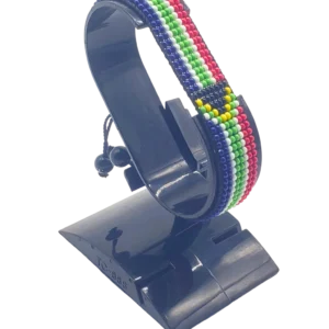 South Africa flag bracelet handcrafted in authentic flag colors on Black Stand.