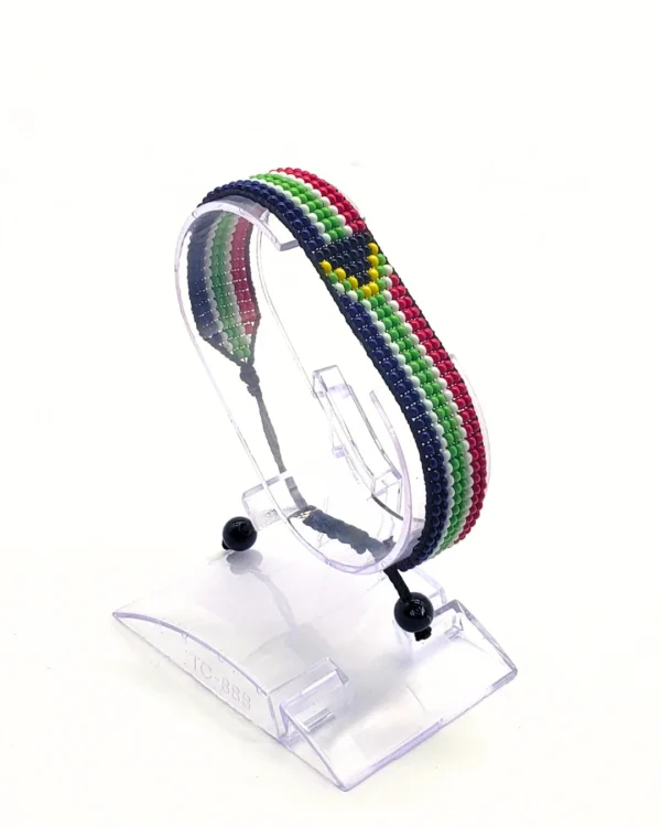 South Africa flag bracelet handcrafted in authentic flag colors on Clear Stand.