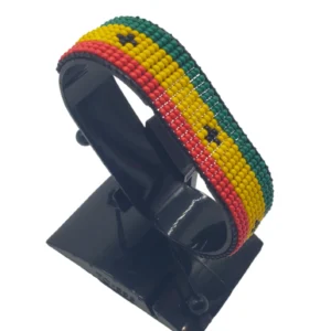 Senegal flag bracelet handcrafted in authentic flag colors on Black Stand.