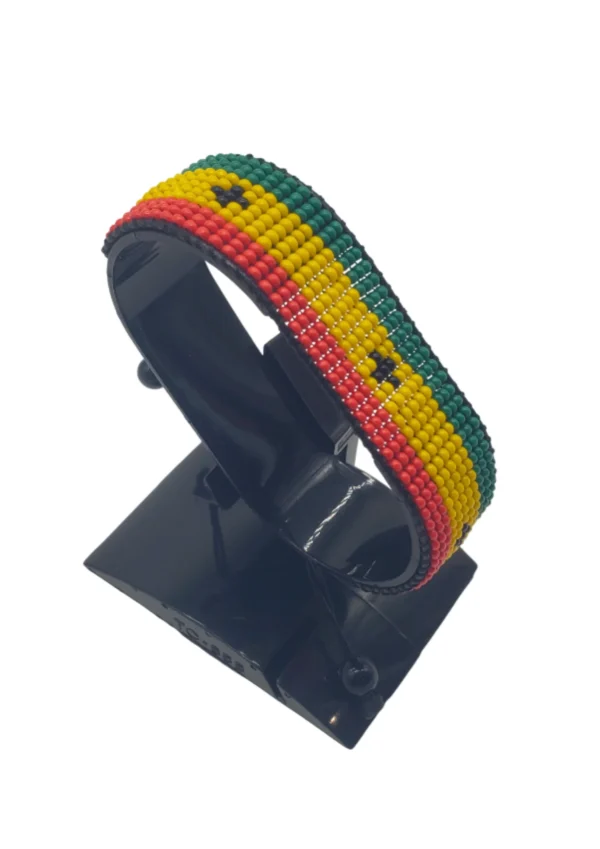 Senegal flag bracelet handcrafted in authentic flag colors on Black Stand.